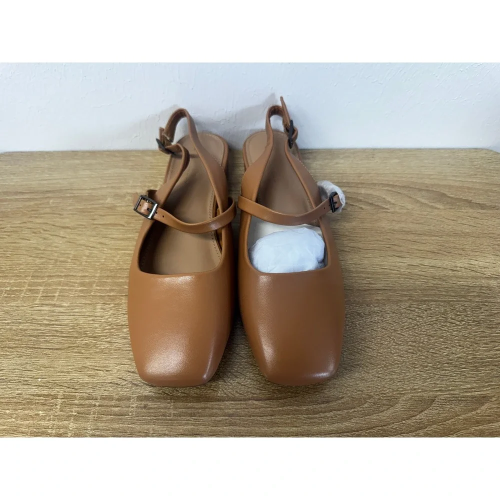 Camel Leather Square Toe Mary Jane Slingback Flats Double Strap NIB Sz 8